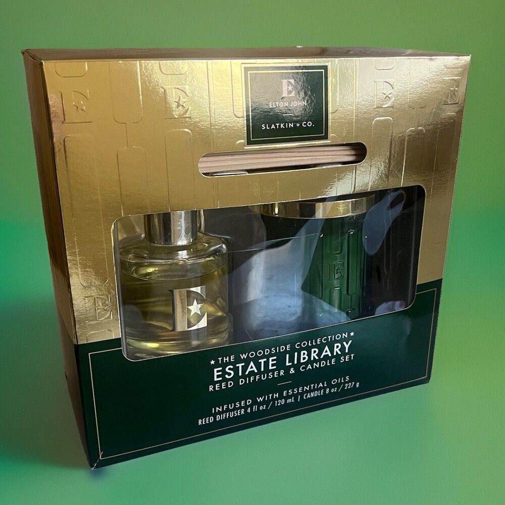 Elton John x Slatkin + Co. Woodside Reed Diffuser & Candle Set Estate Library